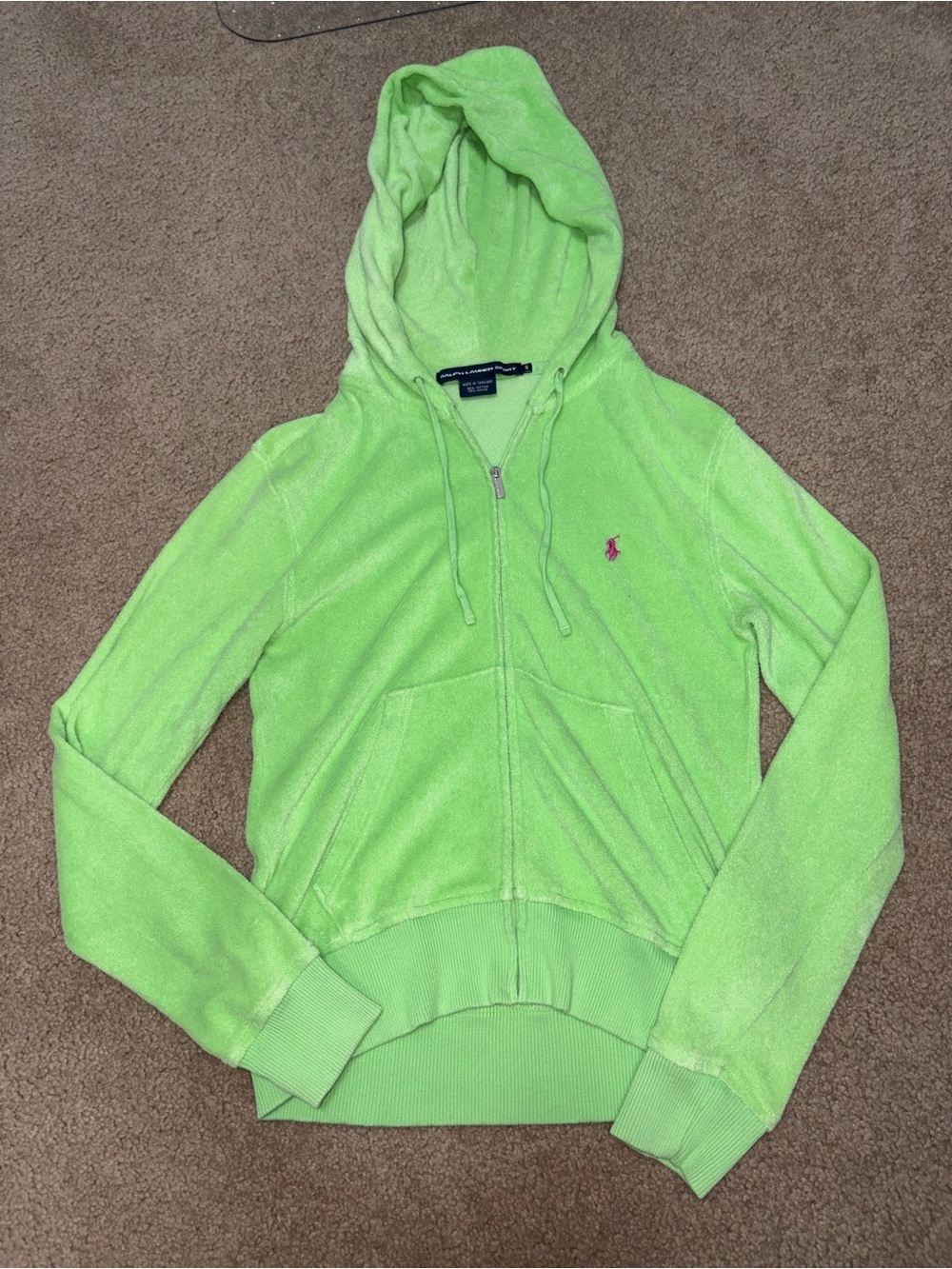Y2K vintage Ralph Lauren Neon Green Terry Zip Hoodie with Pink Pony